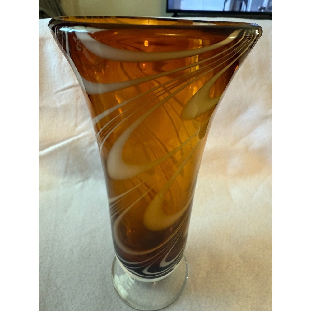 Amber Glass Vase with White Swirls Art Glass Bud Vase Home Decor - Picture 1 of 5